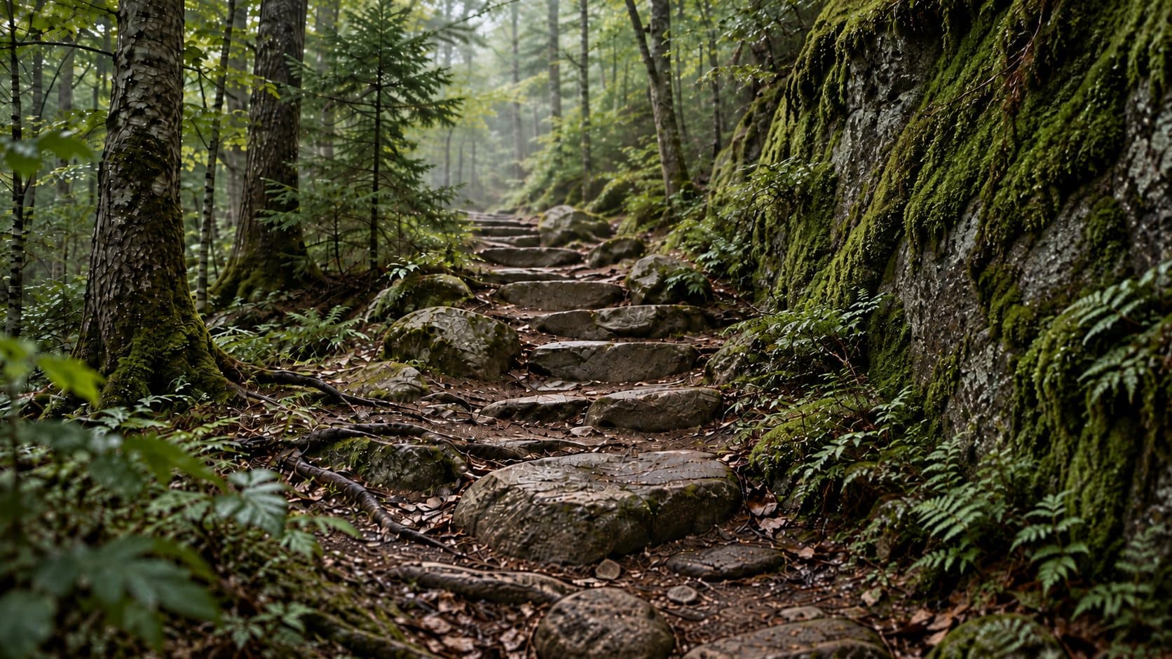 Marches de pierre couvertes de mousse qui montent à travers une forêt